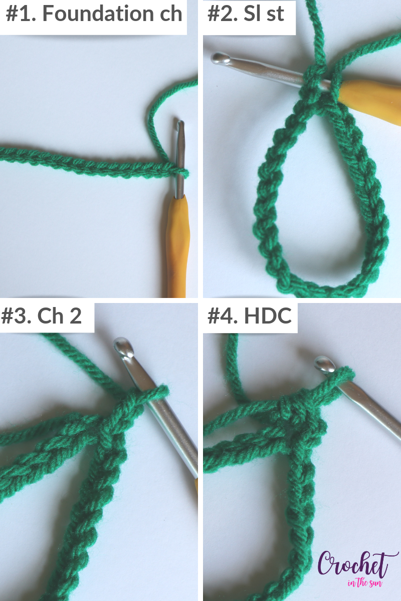 Free crochet pattern that is quick, easy, and beginner friendly -30 minute crochet Cup Cozy. Step 1: Foundation chain, slip stitch, ch 2, HDC #crochet #crochettutorial #crochetinthesun #crochetforbeginners