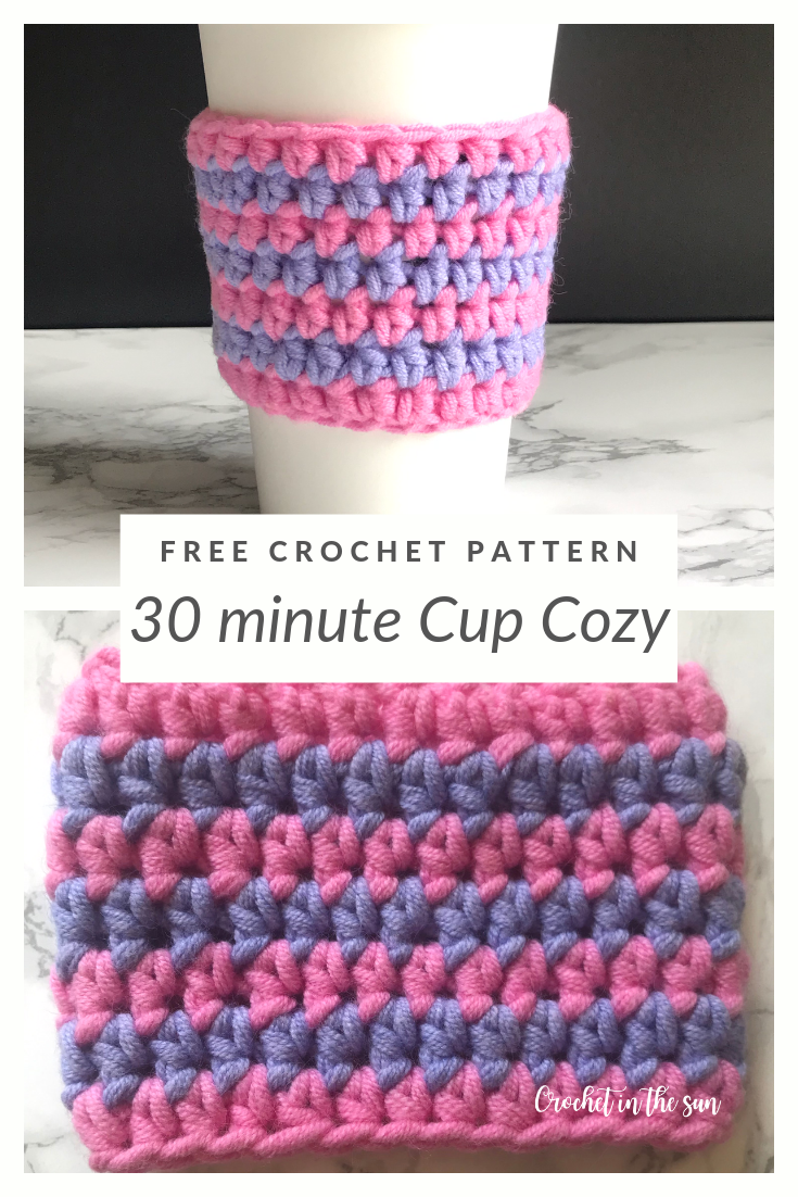 Free crochet pattern - this 30 minute Crochet Cup Cozy project is quick and easy. See the blog for the FREE pattern and photo tutorial. #crochet #crochettutorial #crochetinthesun #crochetforbeginners