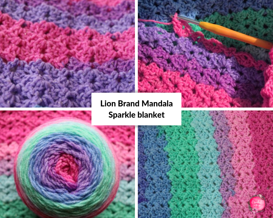 Lion Brand Mandala Sparkle Blanket. Easy and beautiful crochet blanket! Self striping yarn looks great with this blanket pattern.