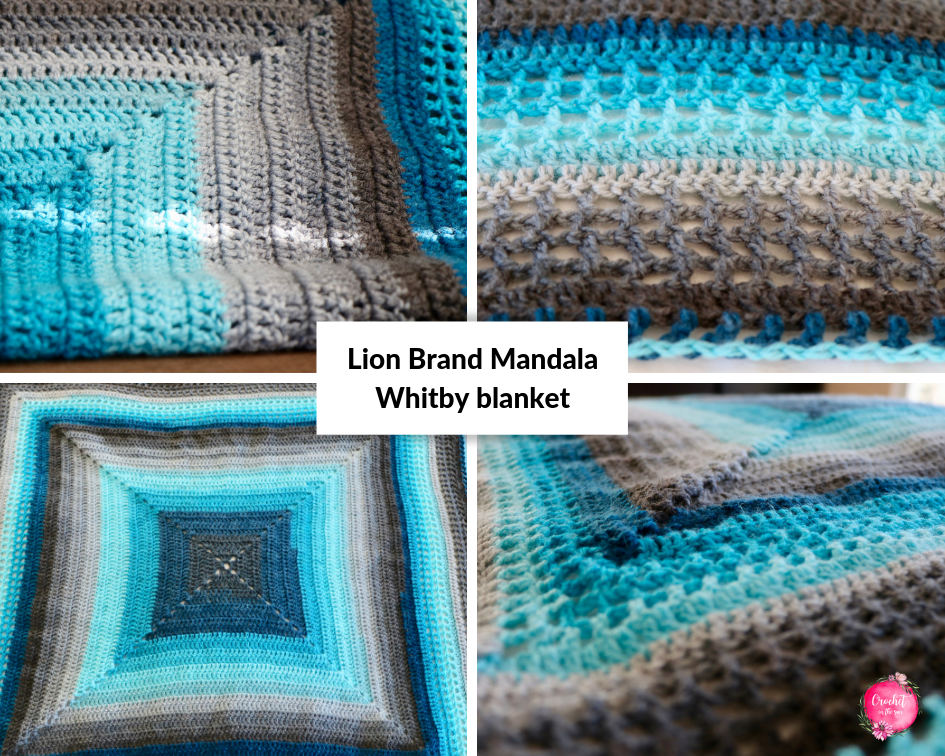 Lion Brand Mandala Whitby blanket collage. Beautiful baby blanket or blanket for kids. Looks SO nice with the self-striping yarn. #crochet