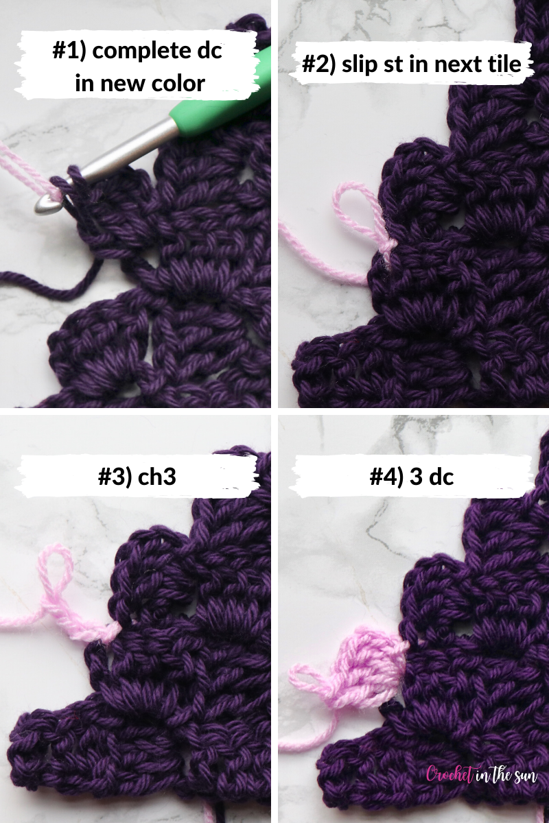 How to change colors in crochet, using corner to corner. Free photo tutorial, great for beginner crocheters! #howtocrochet #crochetforbeginners #crochet #c2c #cornertocornercrochet