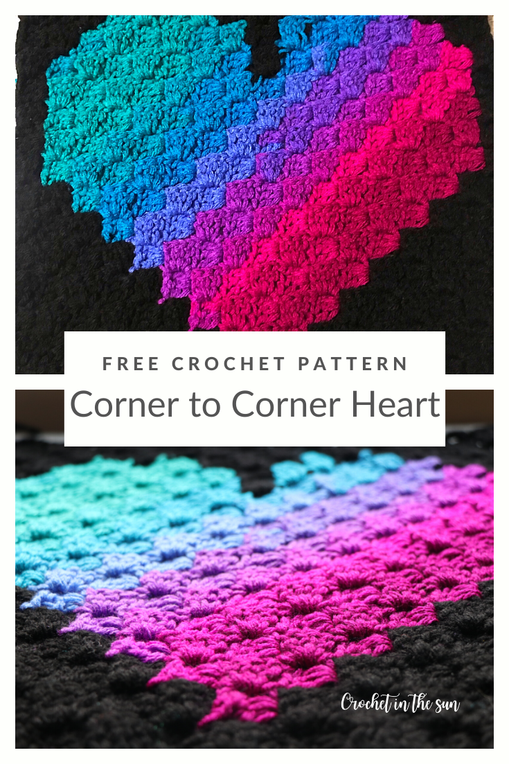Corner to corner heart free crochet pattern. This free pattern includes a photo tutorial, and also explains how to change colors in c2c. Valentine's Day gift craft idea. #howtocrochet #crochetforbeginners #crochet #c2c #crochet #cornertocornercrochet