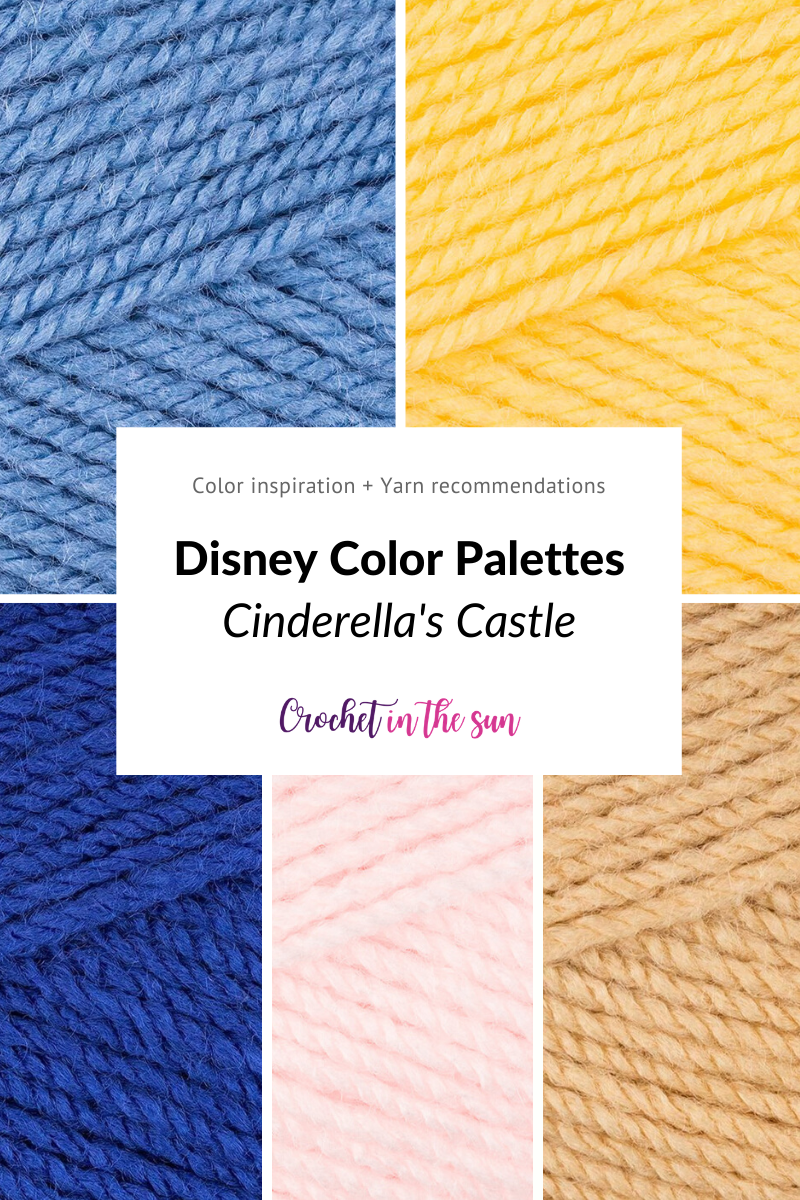 Disney crochet ideas! Free Disney color palettes and recommended yarn brands and color ways for Cinderella's Castle. This free color guide also include Mickey Mouse, Monsters Inc, Yoda, and Princess Jasmine. Disney decor, disney characters, and crochet inspiration! #crochet #disney #crochetdisney #colorfulcrochet