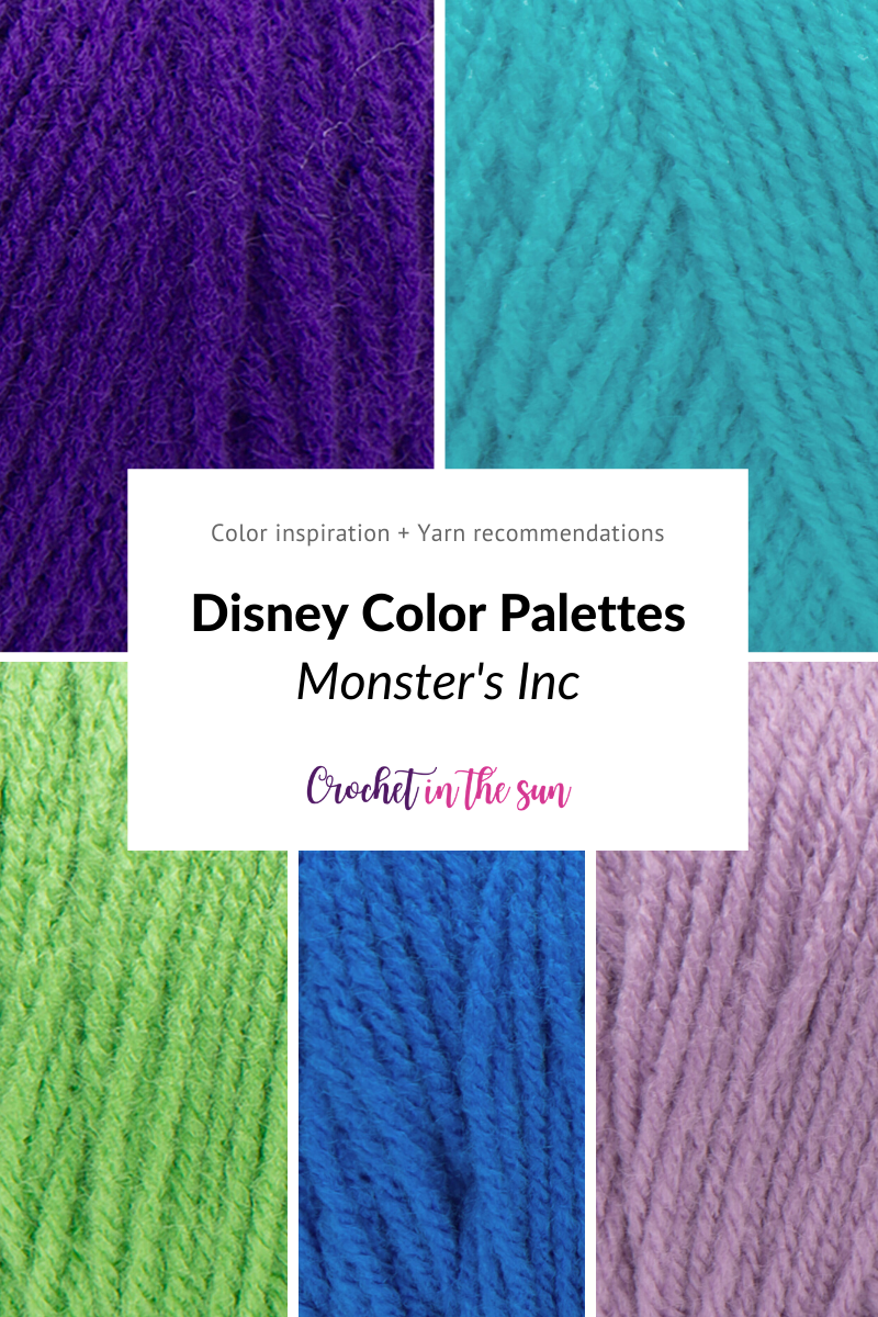 Disney crochet inspiration! Free Disney color palettes and recommended yarn brands and color ways for Monsters Inc (Mike and Sully). This free color guide also includes Frozen (Anna and Elsa), Yoda, Cinderella, R2D2, Mickey Mouse, Monsters Inc, and Princess Jasmine. Disney decor, disney characters, and crochet inspiration. #crochet #disney #crochetdisney #colorfulcrochet