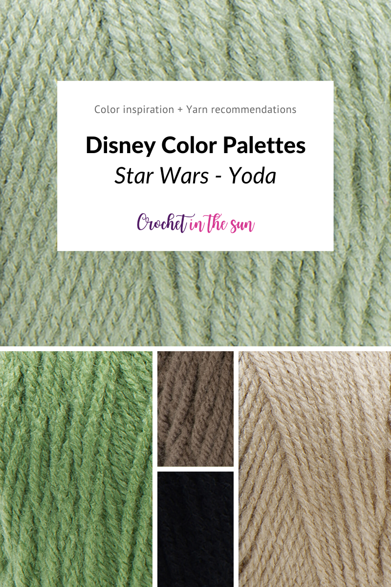 Disney crochet inspiration! Free Disney color palettes and recommended yarn brands and color ways for Star Wards Yoda. This free color guide also includes Frozen (Anna and Elsa), Monsters Inc, Cinderella, R2D2, Mickey Mouse, Monsters Inc, and Princess Jasmine. Disney decor, disney characters, and crochet inspiration #yoda #crochet #disney #crochetdisney #colorfulcrochet