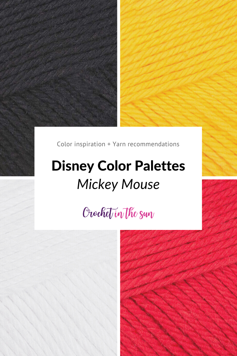 Disney crochet color ideas and Disney crochet inspiration! Free Disney color palettes and recommended yarn brands and color ways for Mickey Mouse. This free color guide also includes Frozen (Anna and Elsa), Yoda, Cinderella, R2D2, Monsters Inc, and Princess Jasmine. Disney decor, disney characters, and crochet inspiration. #crochet #disney #crochetdisney #colorfulcrochet