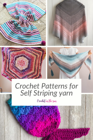 7 crochet patterns for self striping yarn, whirl yarn, and ombre yarn. These designs were picked to look perfect with this type of yarn. All patterns are free and beginner friendly too!