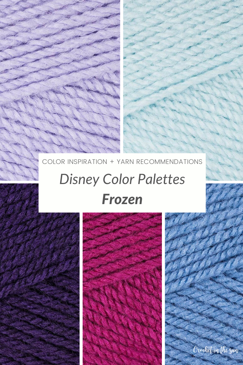 Free Disney color palettes and recommend yarn brands and color ways for Frozen (Anna and Elsa). This free color guide also includes Yoda, Cinderella, Mickey Mouse, Monsters Inc, and Princess Jasmine. Disney decor, disney characters, and crochet inspiration! #crochet #disney #crochetdisney #colorfulcrochet