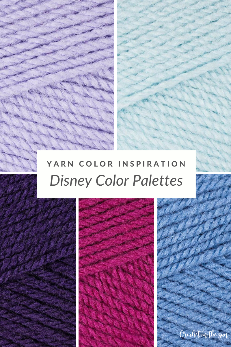 Disney crochet ideas! Free Disney color palettes and recommended yarn brands and color ways. Free guide! Characters include: Frozen (Anna and Elsa), Yoda, Cinderella, R2D2, Mickey Mouse, Monsters Inc, and Princess Jasmine. Disney decor, disney characters, and crochet inspiration #crochet #disney #crochetdisney #colorfulcrochet