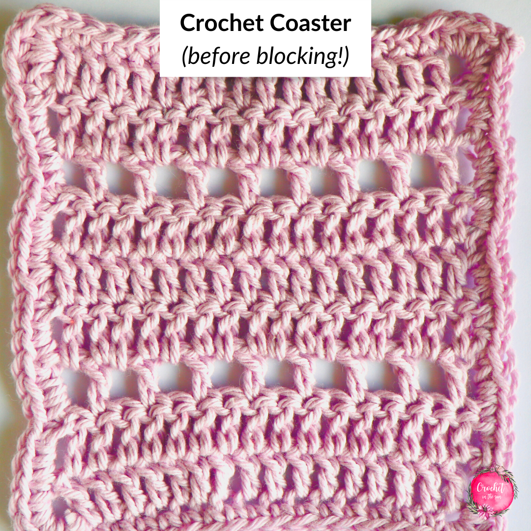 Finished shot of the free crochet coaster (or mug rug) before blocking. The photo tutorial clearly shows you how to complete each row! This is super quick and easy, making it great for beginners.