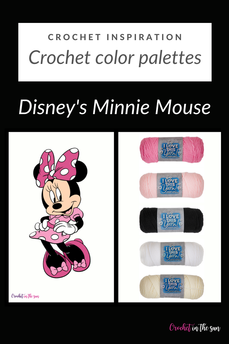 Disney's Minnie Mouse color palette with yarn details! This Minnie-themed crochet color palette will help give you some great ideas if you're looking to crochet a Minnie Mouse themed project! Color board ideas / crochet color combinations