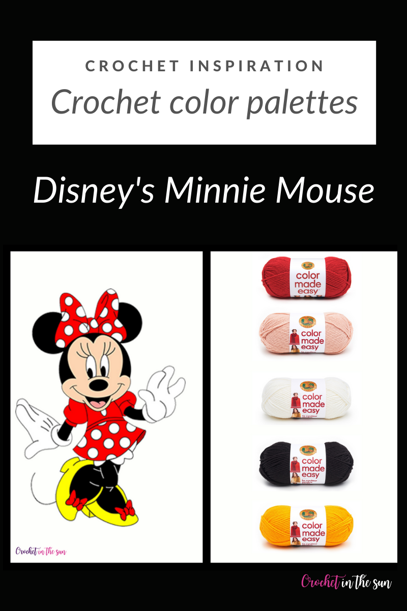 Disney's Minnie Mouse color palette with yarn details! This Minnie-themed crochet color palette will help give you some great ideas if you're looking to crochet a Minnie Mouse themed project! Color board ideas / crochet color combinations.