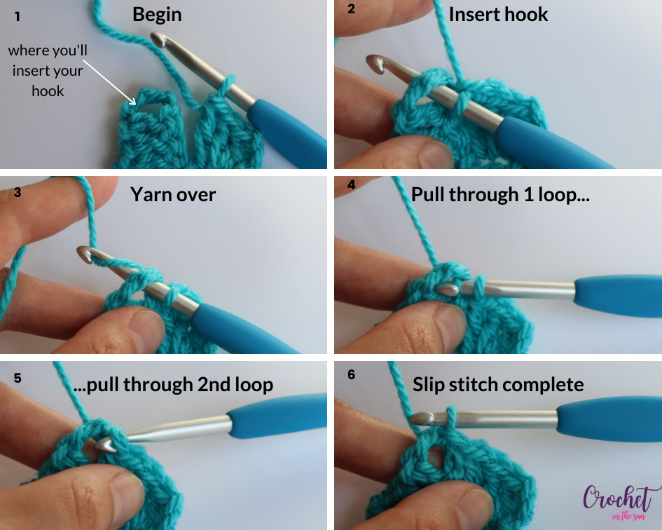 How to crochet - Step by step photo tutorial for how to slip stitch (sl st). Beginner friendly tutorial. Part of the Ultimate Beginner's Guide to crochet #howtocrochet #crochetforbeginners