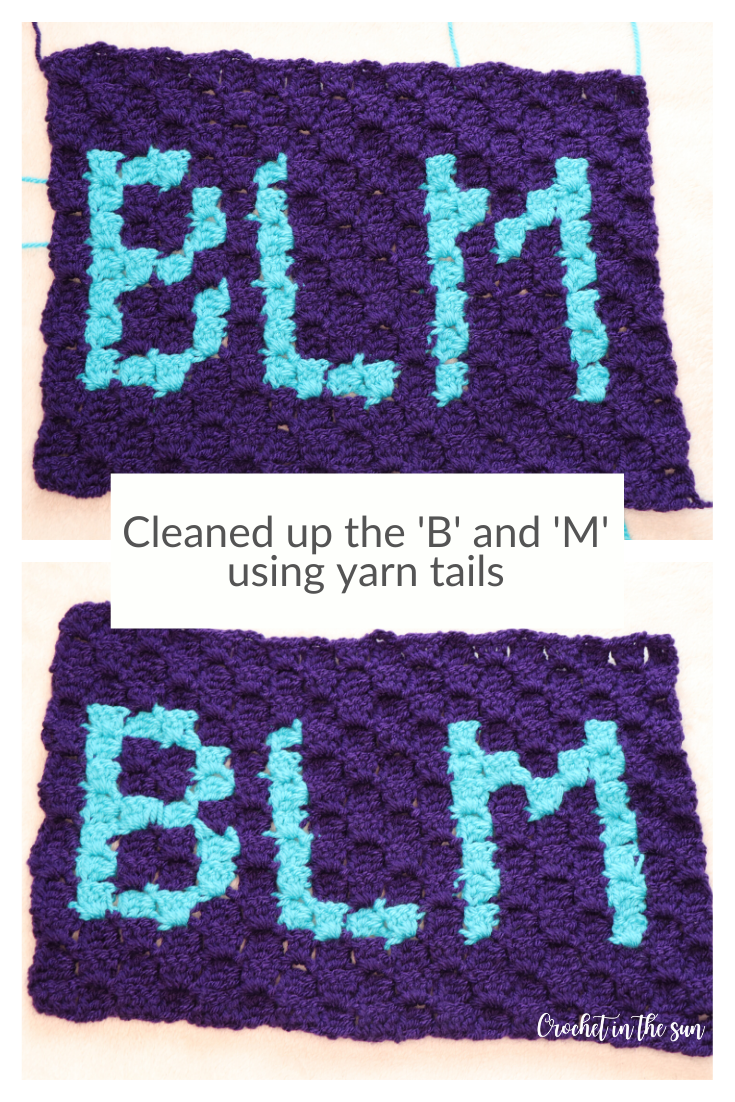 Black Lives Matter corner to corner crochet pattern. (BLM c2c pattern). Here you can see that you can clean up the tiles using yarn ends.