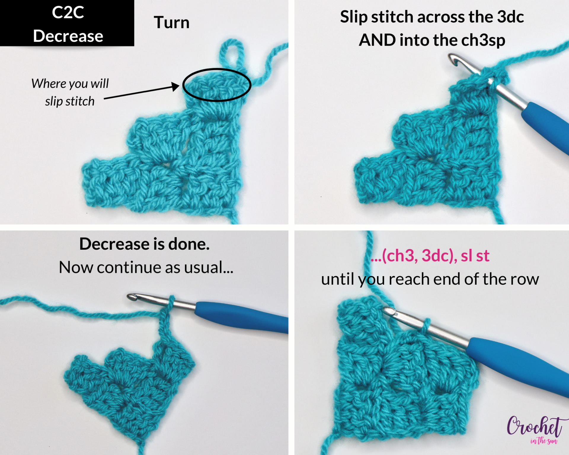 Learn how to corner to corner crochet. This shows how to DECREASE in c2c. This provides a clear, step-by-step photo tutorial for the c2c stitch (corner to corner stitch). This stitch is easy to learn and is beginner friendly. Learn how to crochet!