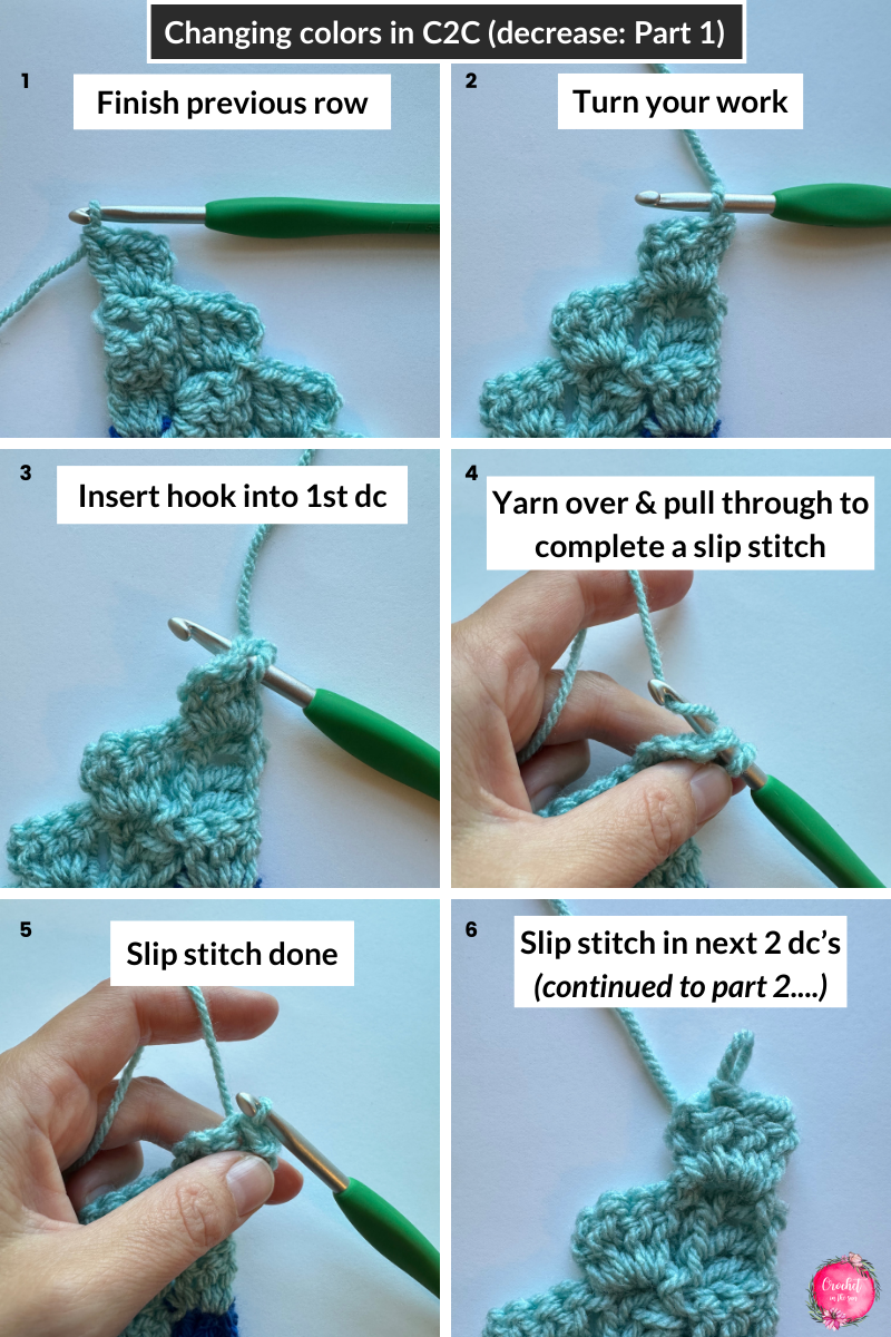 How to change colors in corner to corner crochet (C2C) during an decrease. Free photo tutorial, great for beginner crocheters!