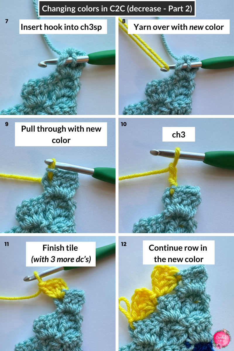 How to change colors in corner to corner crochet (C2C) during an decrease. Free photo tutorial, great for beginner crocheters!