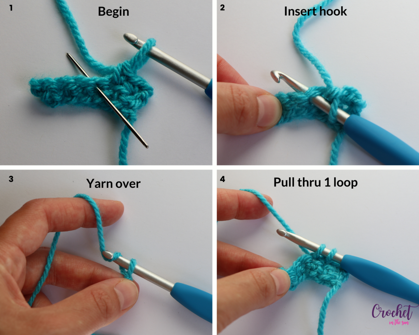 How to crochet - Step by step photo tutorial for the single crochet stitch (sc) steps 1-4. Beginner friendly tutorial. Part of the Ultimate Beginner's Guide to crochet #howtocrochet #crochetforbeginners