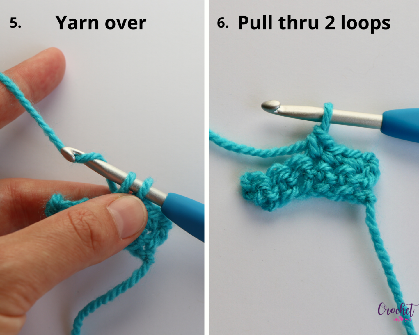 How to crochet - Step by step photo tutorial for the single crochet stitch (sc) steps 5-6. Beginner friendly tutorial. Part of the Ultimate Beginner's Guide to crochet #howtocrochet #crochetforbeginners