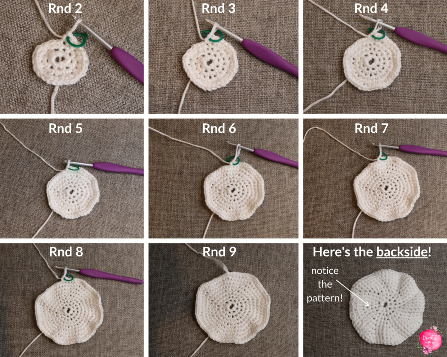 Photo tutorial for an easy crochet coaster pattern that is quick, beginner friendly, and beautiful.  Here are rounds 2-9.
