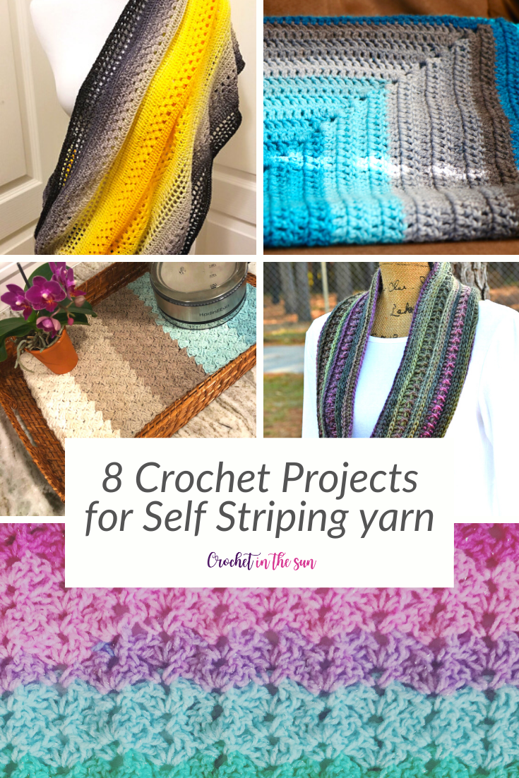 8 crochet projects for self striping yarn, whirls, and ombre yarn. These designs were picked to look perfect with this type of yarn. All patterns are free and beginner friendly too!