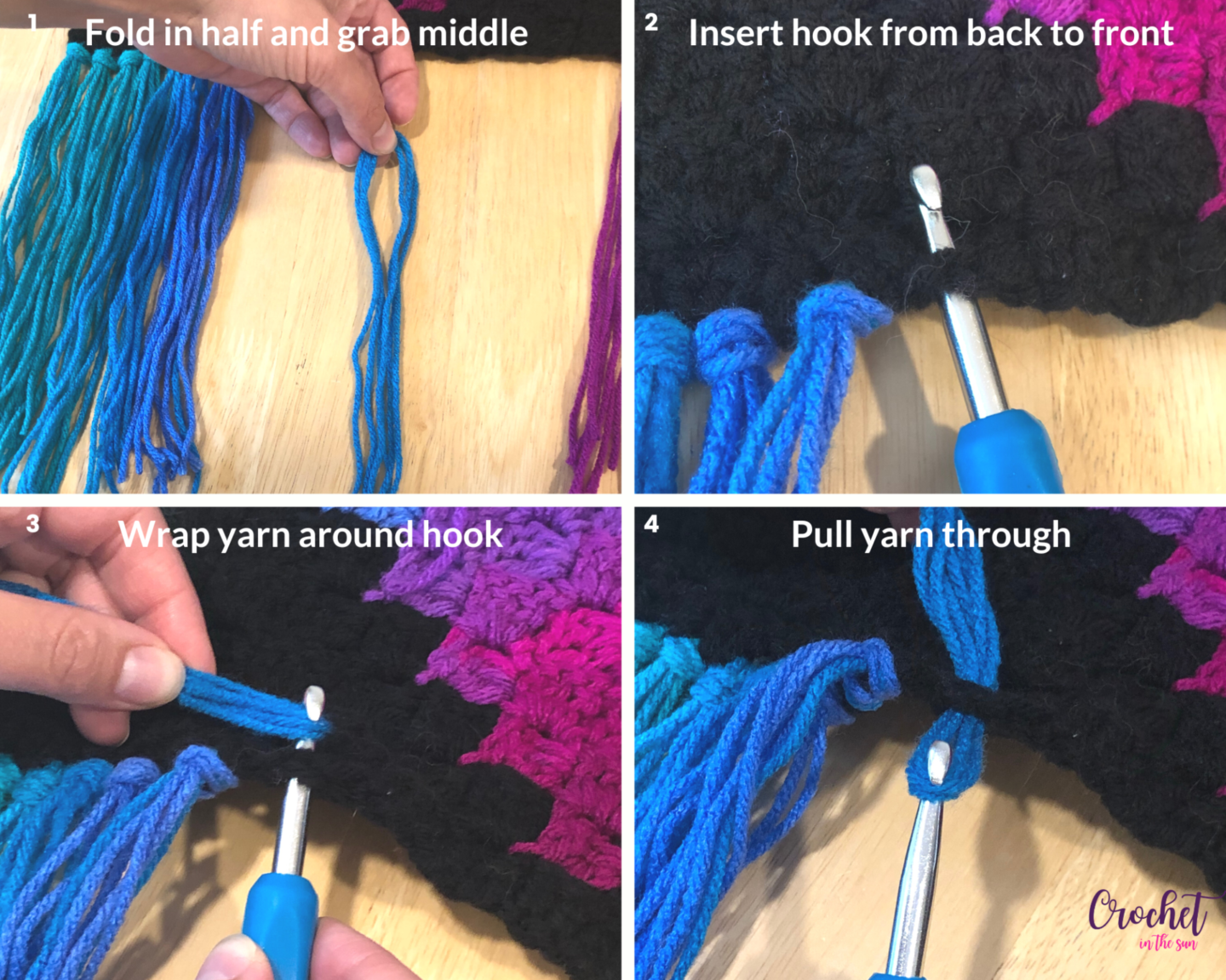 How to add tassels to your crochet project. Photo tutorial and written tutorial with step by step photos
