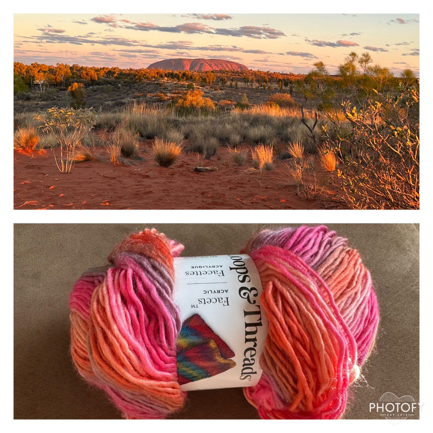Gorgeous yarn for my new crochet scarf pattern! I named this pattern "Uluru Sunset scarf" since the colors really look like they're pulled from the picture! Easy and free crochet scarf pattern