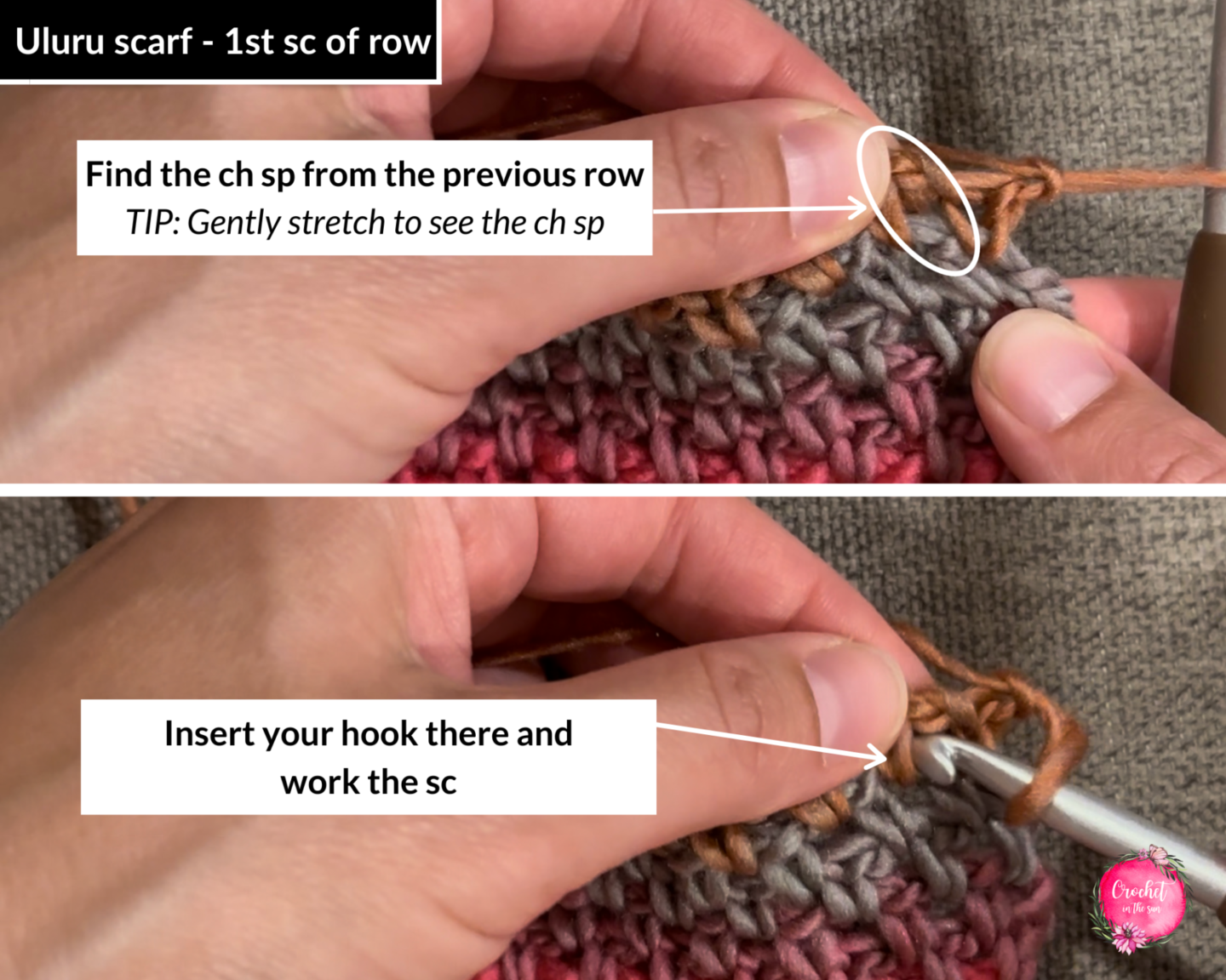 TIP: Where to work your sc for Row 1 of the Uluru Sunset scarf pattern. Easy and free crochet scarf pattern. Beginner friendly with step by step photo tutorial