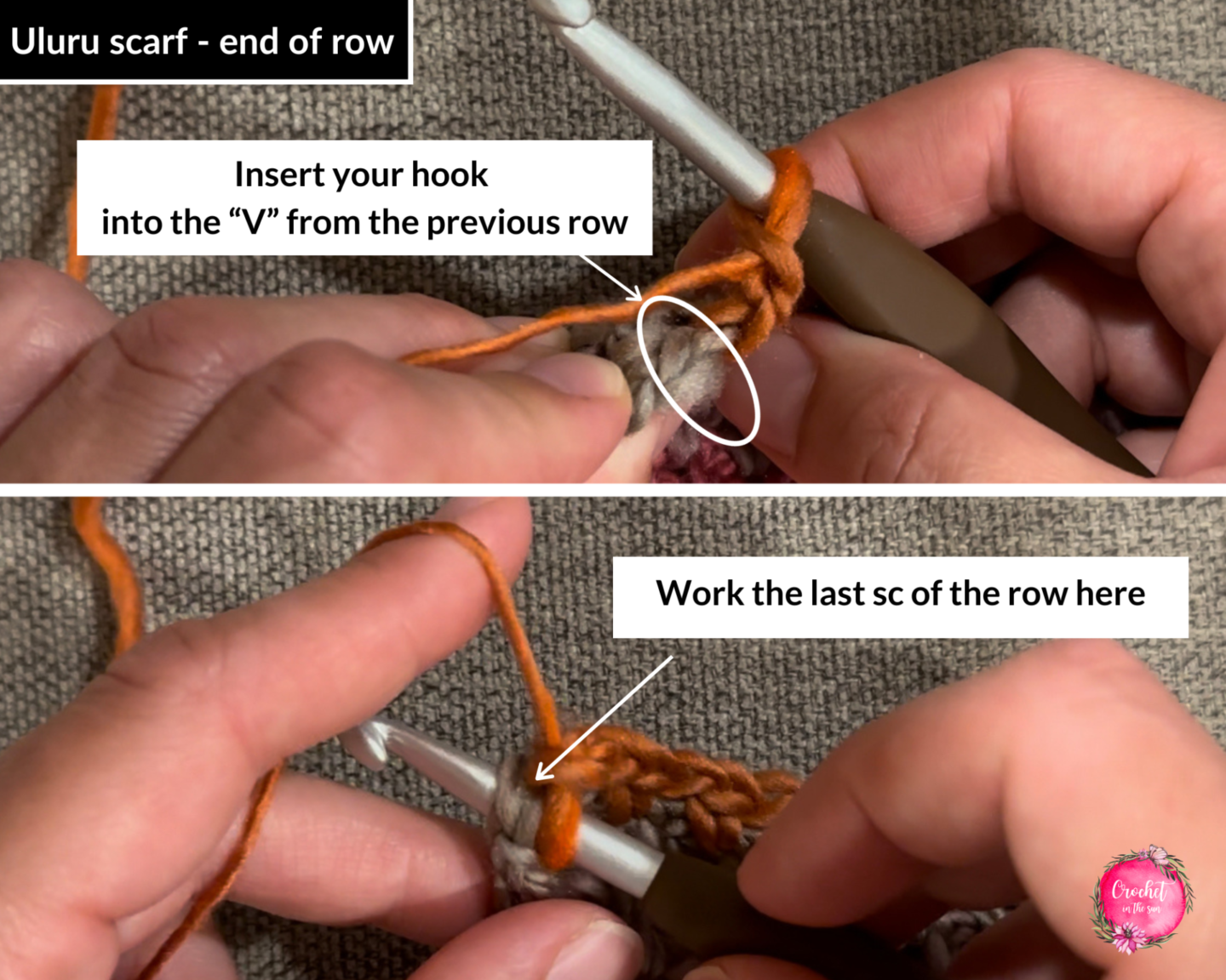 This shows you where to insert your crochet hook for the last sc of the row. Easy and free scarf pattern. Beginner friendly with step by step photo tutorial