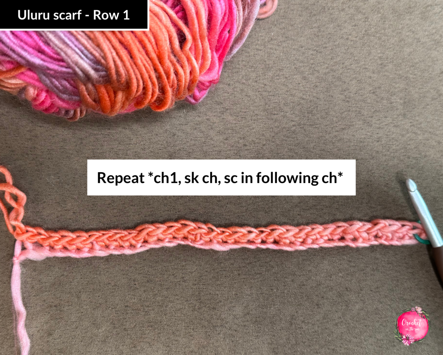 Row 1 complete - Easy and free crochet scarf pattern. Beginner friendly with step by step photo tutorial