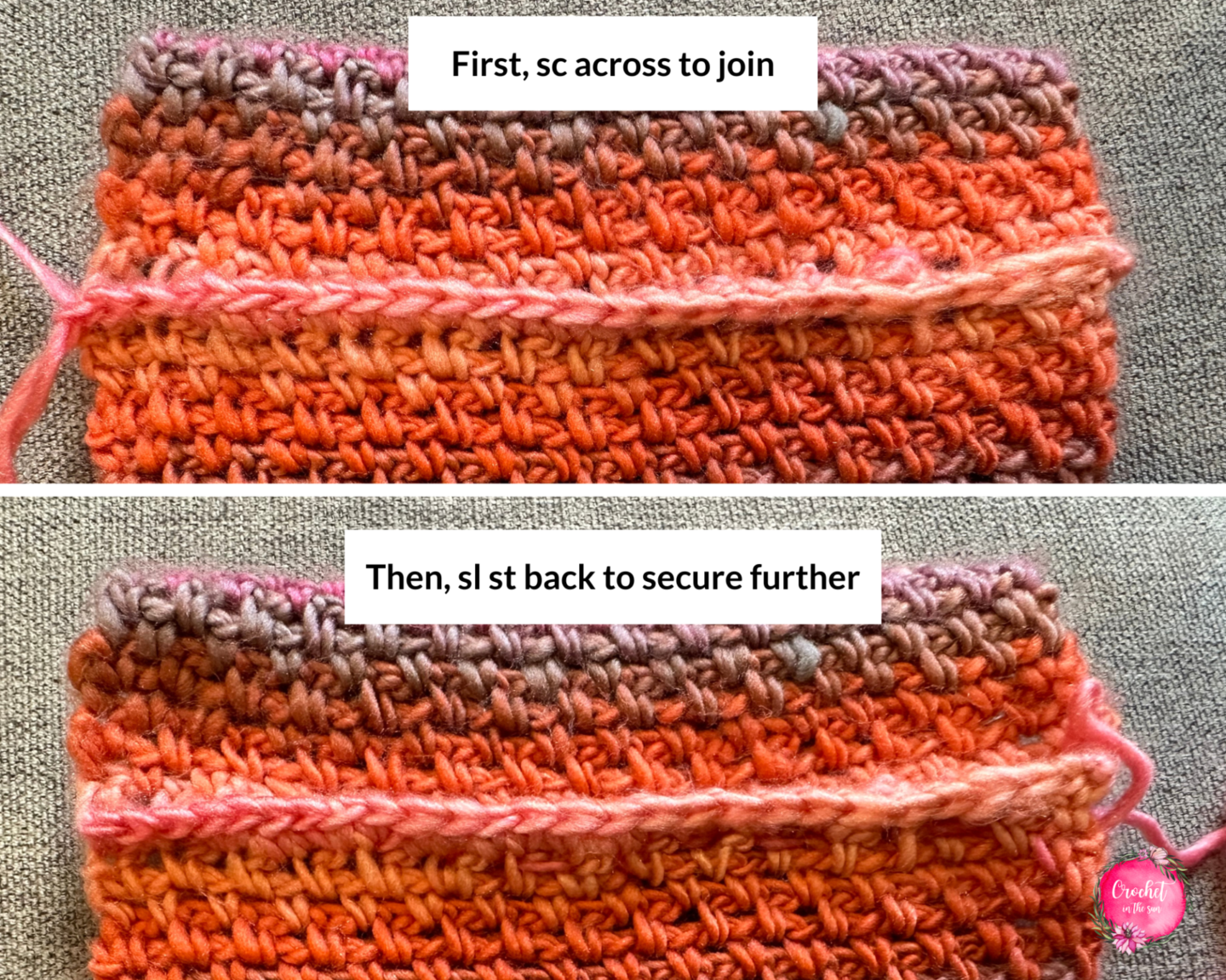 Uluru Sunset scarf pattern - here is what it looks like after you join twice across. Free and easy crochet scarf pattern