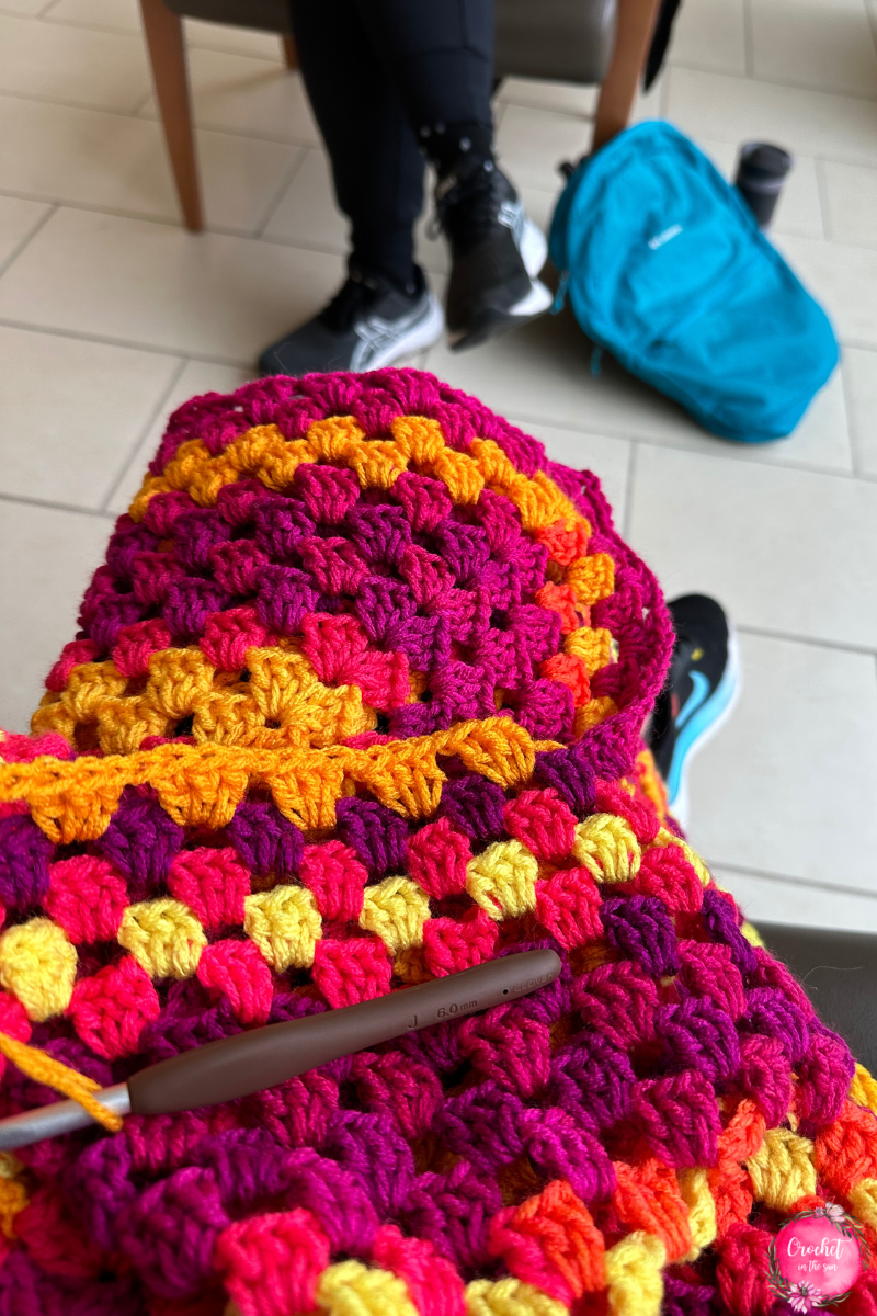 Crocheting in the hospital waiting room to cope with the stress and nerves!