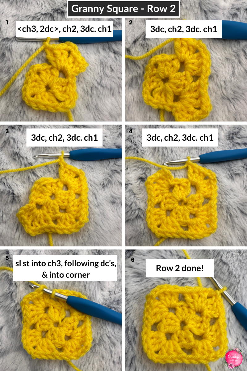 Free and easy crochet granny square blanket pattern. Perfect for beginners! Row 2 photo tutorial