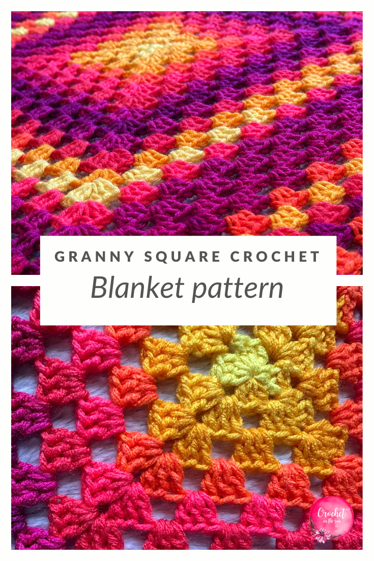Free and easy granny square crochet pattern. Blanket made with self-striping yarn, showing a bright, cozy colors. Perfect for beginners. Relaxing crochet project ideal for gifting or home decor.