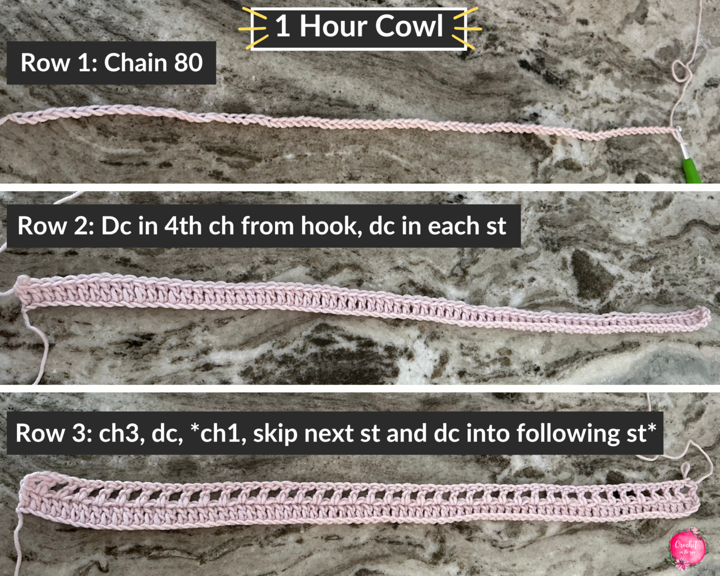 1 hour cowl - crochet pattern. This shows Rows 1, 2, and 3 step by step. Free and easy crochet pattern