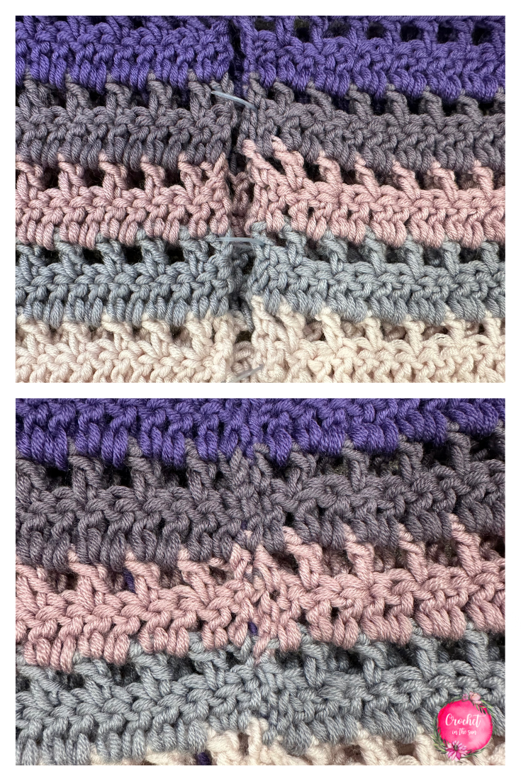 1-hour cowl scarf pattern before and after attaching the ends.
