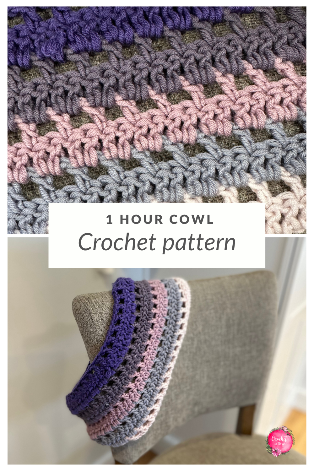 Crochet your own 1-hour cowl! This project is quick and easy. The pattern can be found on Etsy or the blog.