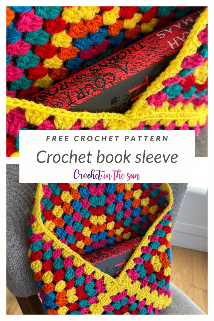 Quick and easy crochet pattern that turns one granny square into a book sleeve! This will protect your book cover and pages from getting bent or creased when you're carrying your book with you! To have fun, use colors that match your favorite book!