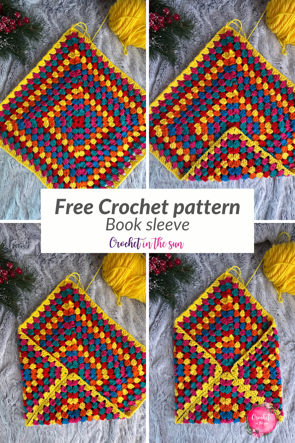 Free, beginner friendly crochet pattern that turns one granny square into a book sleeve! This will protect your book cover and pages from getting bent or creased when you're carrying your book with you! To have fun, use colors that match your favorite book!