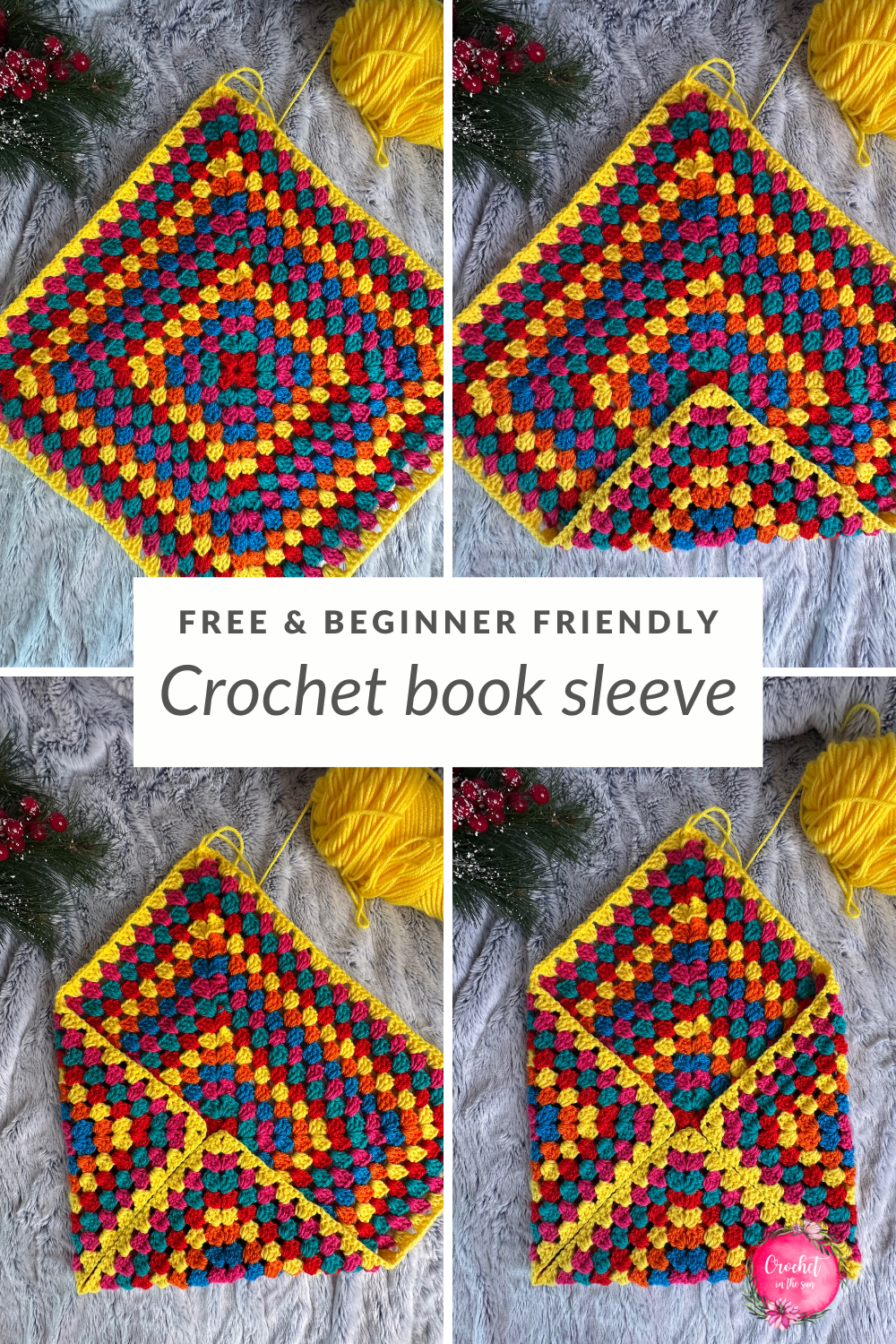 Great visual to show how the crochet granny square will transform into a book sleeve! How easy and cool is this! Fold the bottom 3 sides in and sew together.