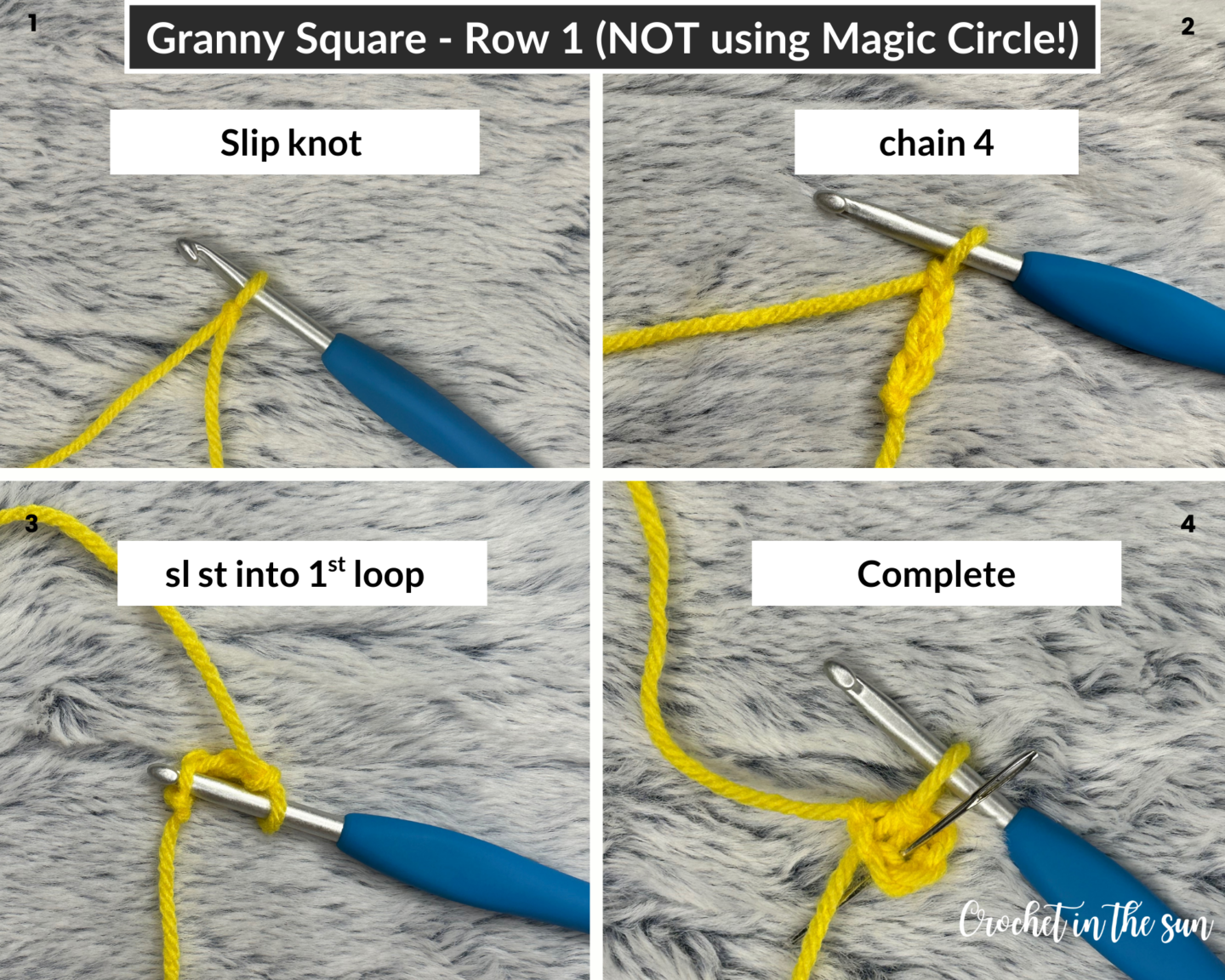 Shows how to start a granny square NOT using magic circle, rather using the method of chain4, slip stitch into loop