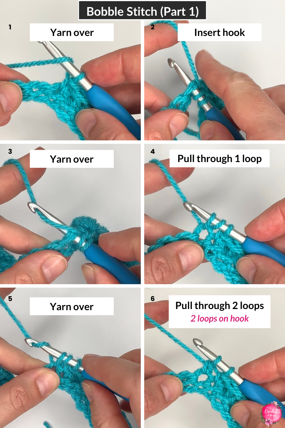 Crochet Puff Bobble Stitch Tutorial - Part 1. This beginner friendly tutorial shows you how to work the first part of the bobble stitch. You can see it repeats y/o, insert hook, y/o, pull thru 1, y/o, pull thru 2 multiple times.