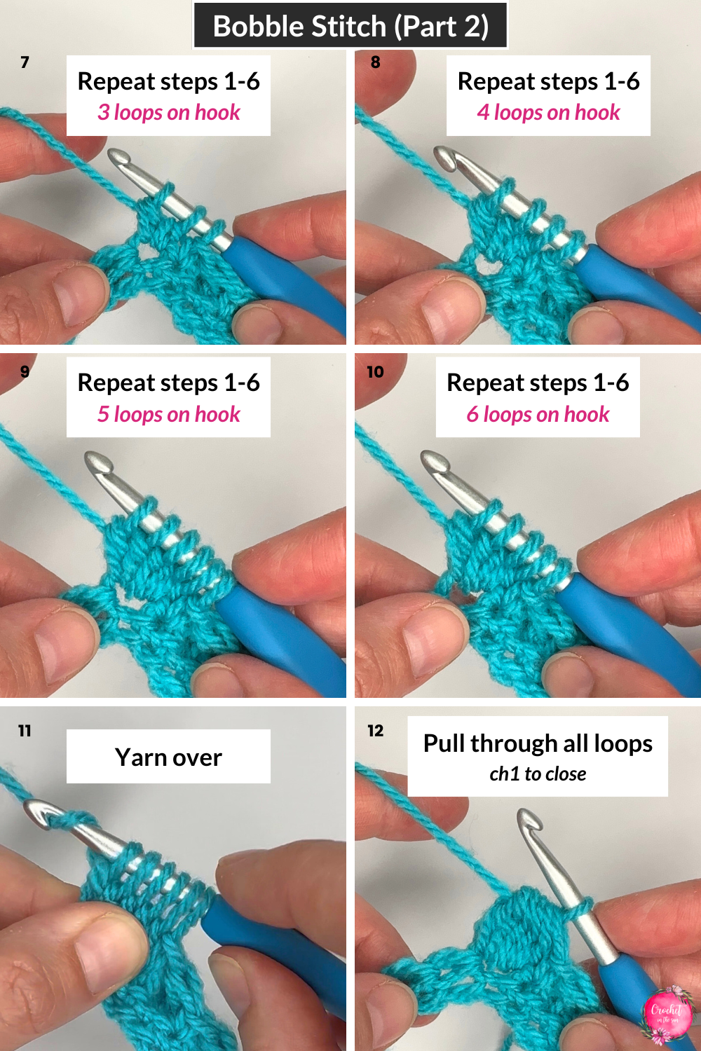 Crochet Puff Bobble Stitch Tutorial - Part 2. This beginner friendly tutorial shows you how to work the first part of the bobble stitch. You can see it repeats y/o, insert hook, y/o, pull thru 1, y/o, pull thru 2 multiple times.