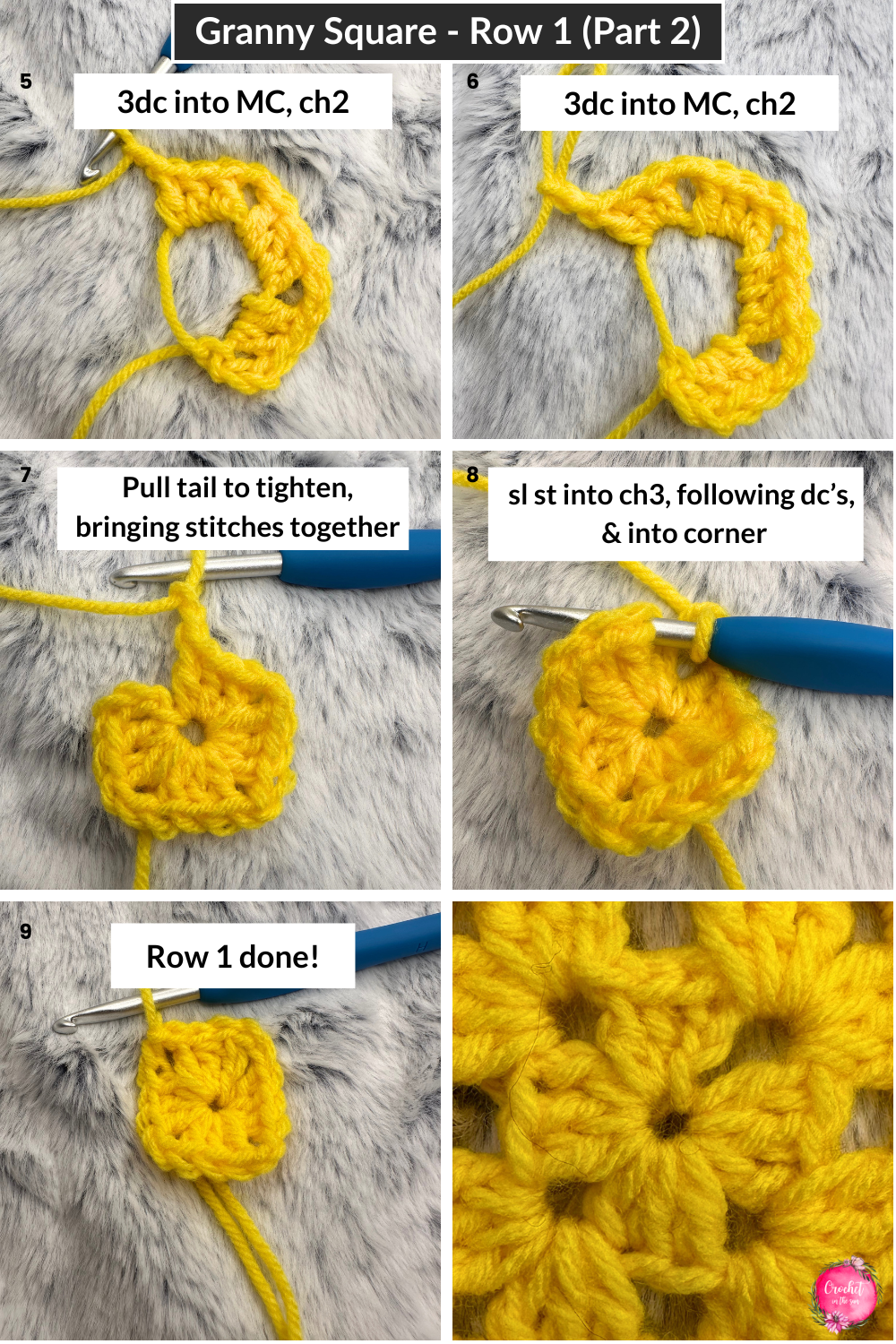 Granny square crochet blanket made with Red Heart Stripes yarn, perfect for beginners and free pattern tutorial. Row 1 tutorial cont'd.