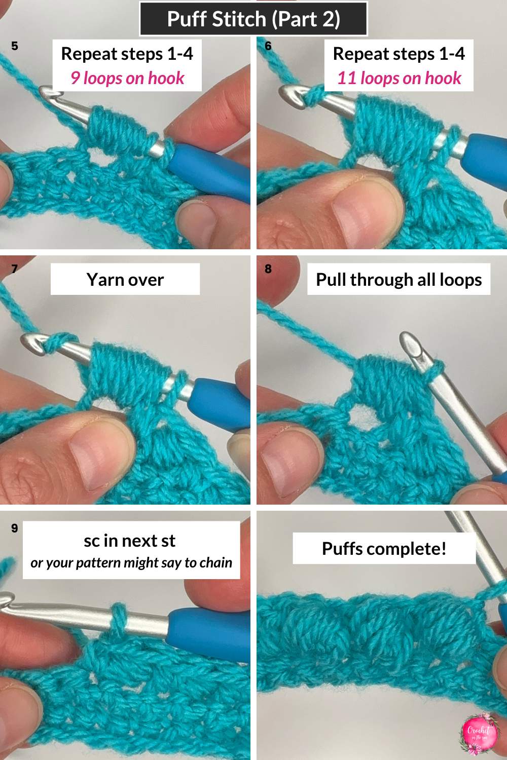 Crochet Puff Stitch Tutorial - Part 2. This beginner friendly tutorial shows you how to work the first part of the puff stitch. You can see it repeats y/o, insert hook, y/o, pull through 5 times, before the final y/o and pull through to finish the puff stitch.