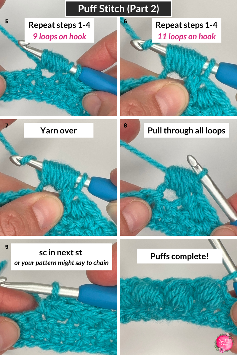 Crochet Puff Stitch Tutorial - Part 2. This beginner friendly tutorial shows you how to work the first part of the puff stitch. You can see it repeats y/o, insert hook, y/o, pull through 5 times, before the final y/o and pull through to finish the puff stitch.