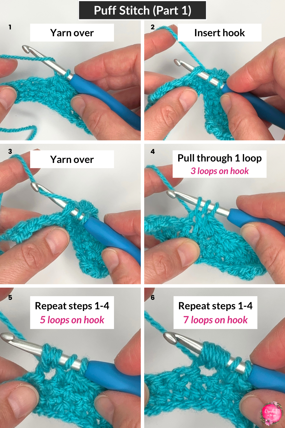 Crochet Puff Stitch Tutorial - Part 1. This beginner friendly tutorial shows you how to work the first part of the puff stitch. You can see it repeats y/o, insert hook, y/o, pull through multiple times.