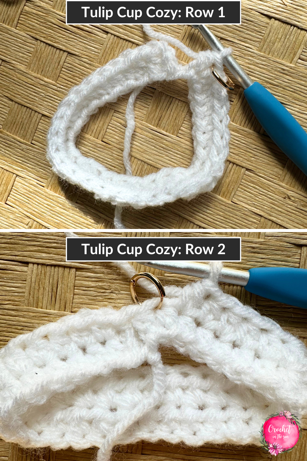 Rows 1 and 2 of the Tulip Cup Cozy. This 30 minute project is great for beginners! Pattern is FREE on the blog! #crochettutorial