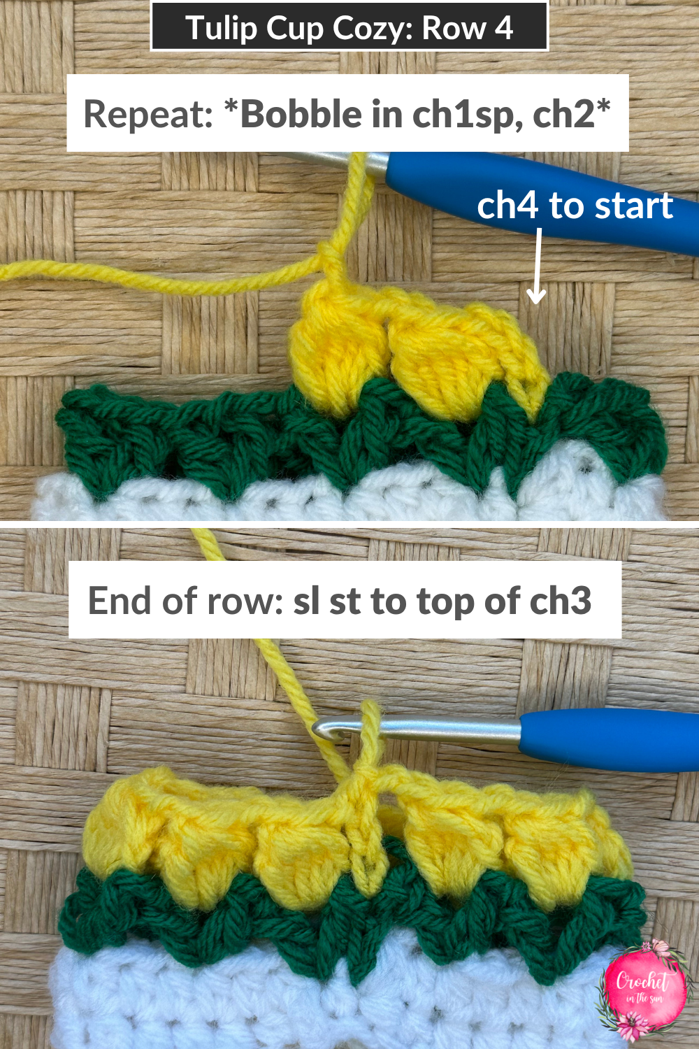 Row 4 of the beginner friendly Tulip Cup Cozy - the Bobble Row! This pattern is free, beginner friendly, and can be completed in 30 minutes
