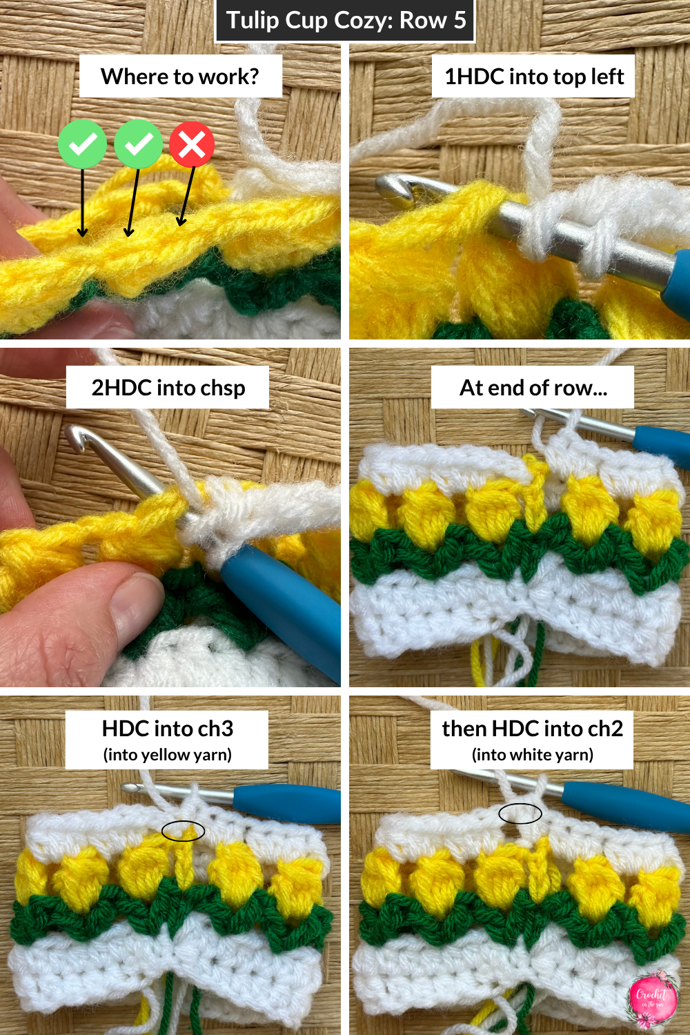 Tulip cup cozy crochet pattern: Row 5. Here is how you work into the Bobble stitch to make the flower pop! Pattern: Tulip cup cozy (Free and easy crochet project)